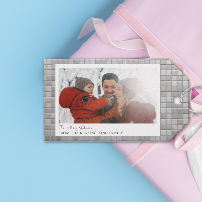 Etiqueta de Oferta de Fotos da Família Personaliza (Custom Disco-Themed Family Photo Gift Tag)