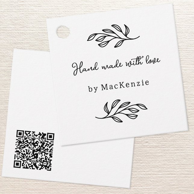 Etiqueta de Preço Botânico Código QR Feito à Mão C (Hand Made with Love custom name botanical leaf line art small business maker price or hang tag)