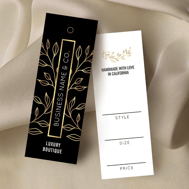 Etiqueta de Preço de Vestuário Floral Preto e Dour (Professional faux gold foil effect skinny clothing hang tags *holes and string not included*)