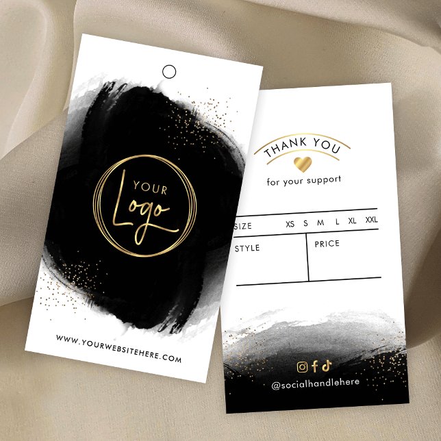 Etiqueta de preço do logotipo preto e Dourado mode (Elegant black watercolor and gold glitter effects clothing boutique hang tag with your logo)