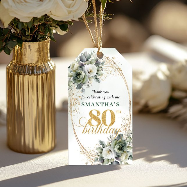 Etiqueta de Presente Botânico Personalizada para 8 (Personalized 80th Birthday Botanical Gift Tag)