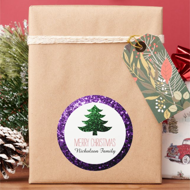 Etiqueta de presente de árvore de Natal verde roxo (Feriado)