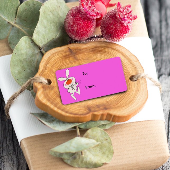 Etiqueta de presente de coelho branco-branco feliz (Cartoon bunny rabbit giving thumbs up sign on hot pink gift tag label.)