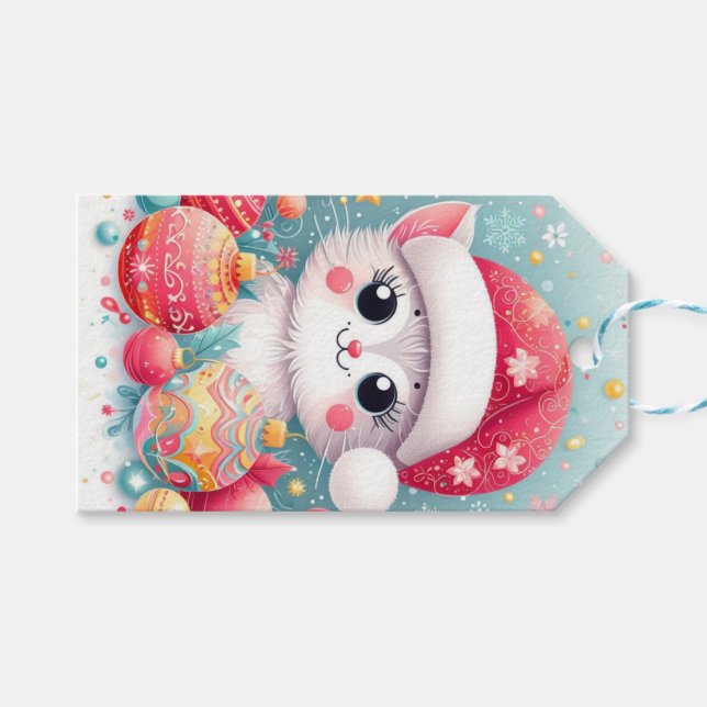 Etiqueta de presente de gato de Natal bonito e col (Frente (horizontal))