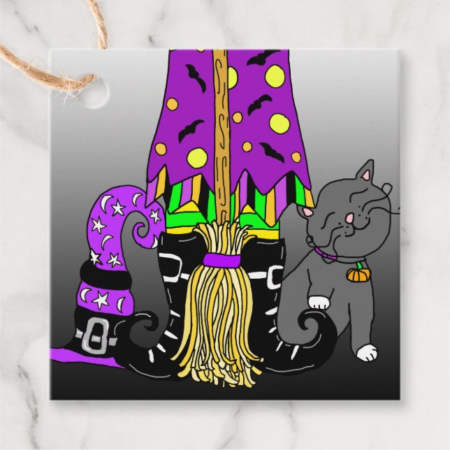 Etiqueta de presente de Halloween, Bruxa, Gato Neg (Frente)