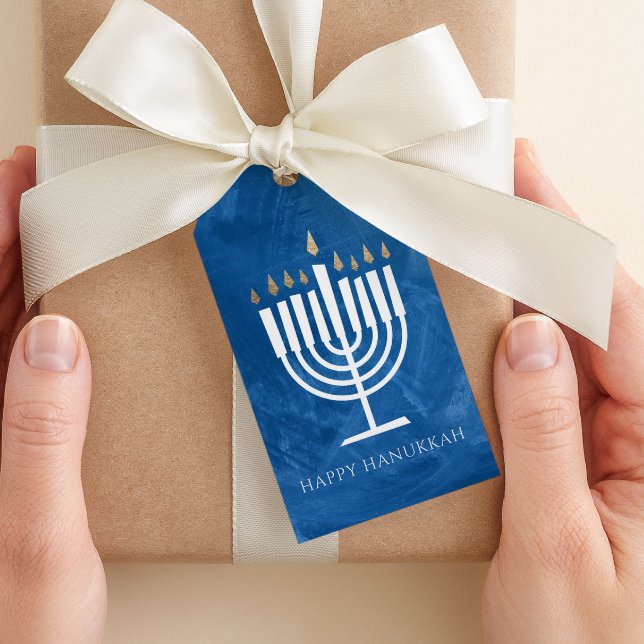 Etiqueta de Presente de Hanukkah Azul Moderno Meno (blue watercolor style modern happy Hanukkah gift tag)