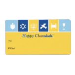 Etiqueta de Presente de Ícones Simples de Hanukkah<br><div class="desc">Esta etiqueta de endereço usa os ícones de Chanucá para transmitir desejos calorosos. As cores azul brilhante e dourada rodeiam ícones de um sonho, menorah e xícara de rins. Simplesmente personalize com uma mensagem e adicione a quem o presente é e de quem ele é. Disponível em cores alternativas com...</div>