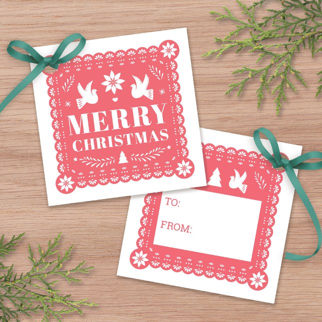 Etiqueta de presente de Natal do México Papel Pica (Papel Picado Mexican Christmas Gift Tag by Fiesta Valley Print)