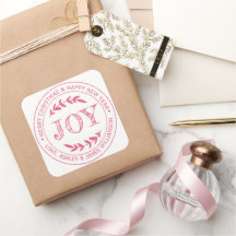 Etiqueta de presente de Natal JOY Rosa Mensagem