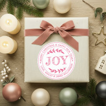 Etiqueta de presente de Natal JOY Rosa Mensagem