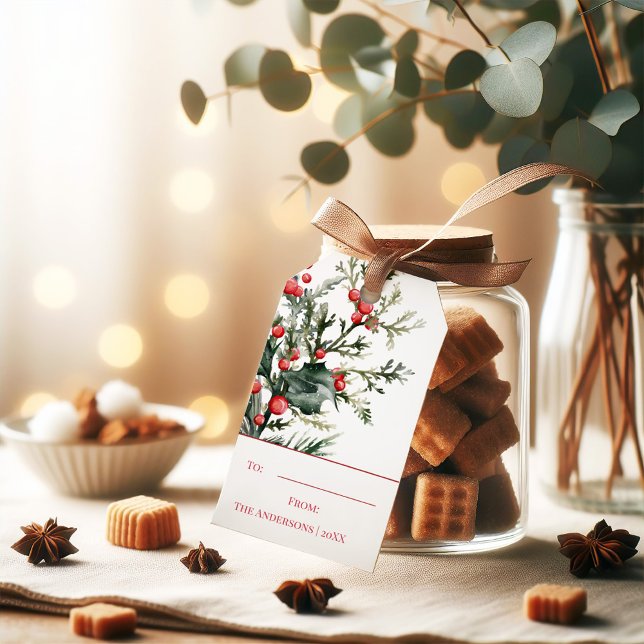 Etiqueta de Presente de Natal Mistura Elegante de  (Watercolor Elegant Mistletoe Christmas Gift Tag on a Christmas jar filled with sweets.)