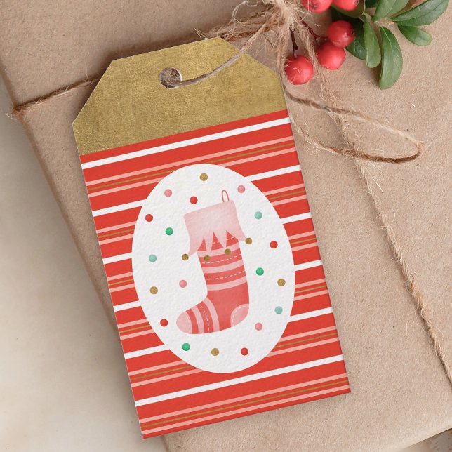 Etiqueta de presente de Natal Vermelho e Bonito (A cute Christmas holiday gift tag featuring a Christmas stocking)