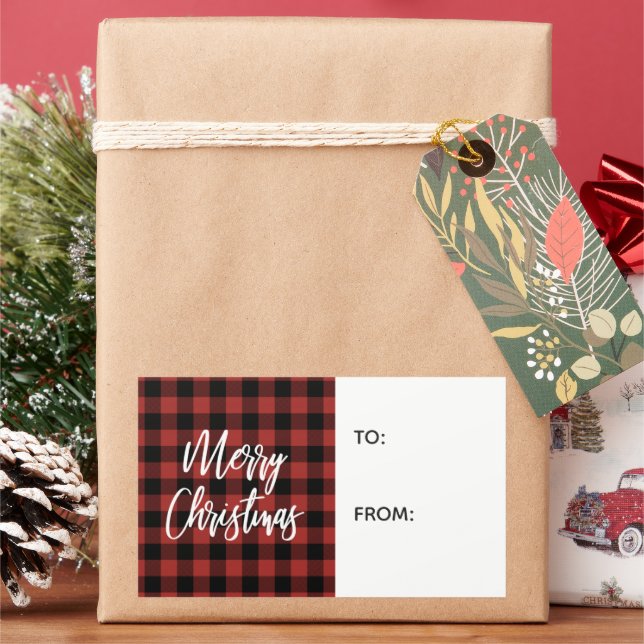 Etiqueta de Presente de Natal Xadrez Búfalo Vermel (Feriado)