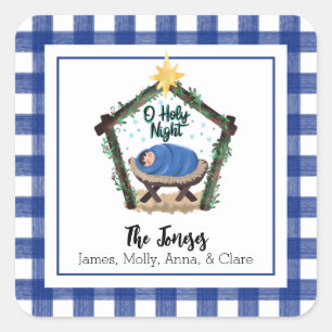 Etiqueta de Presente de Natividade de Xadrez Azul 