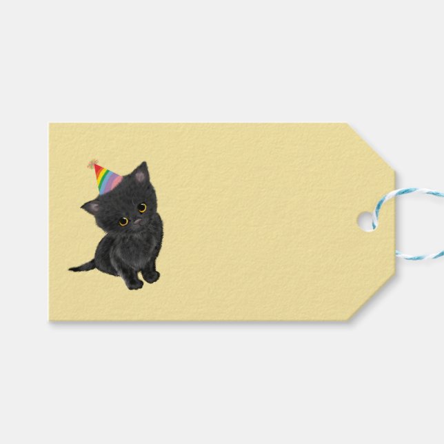 Etiqueta de presente de ouro de gatinho preto e bo (Frente (horizontal))
