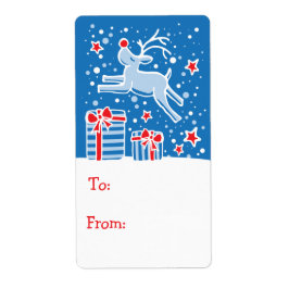 Etiqueta de presente de renas de Natal azul (de e