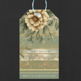 Etiqueta de presente decoupage flor de ouro verde 