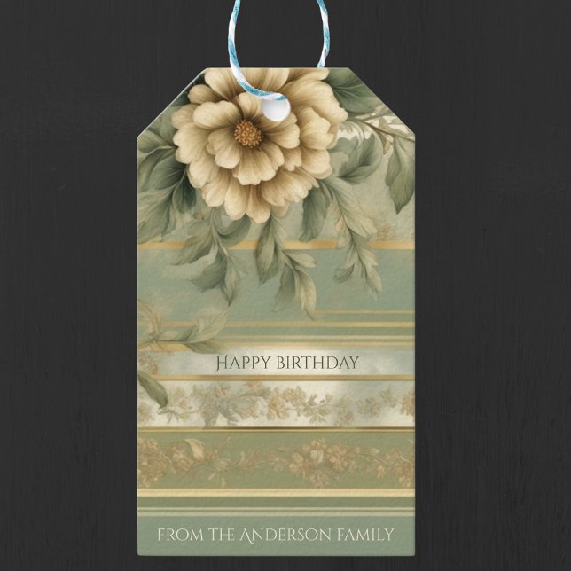 Etiqueta de presente decoupage flor de ouro verde  (Criador carregado)