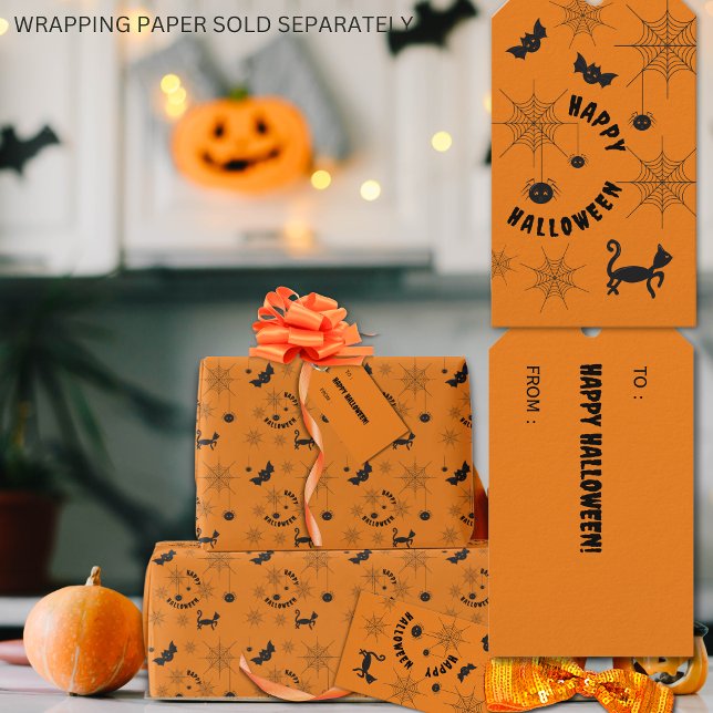 Etiqueta de presente preto e laranja no Halloween (Halloween Black & Orange Gift Tag with black cats, cobwebs, spiders and bats.)