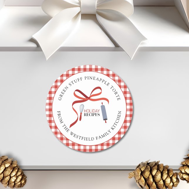 Etiqueta de presentes de Comida caseira de recebim (Holiday Recipes Red Check Green Stuff -or Your Recipe- Christmas Food Gift Sticker)