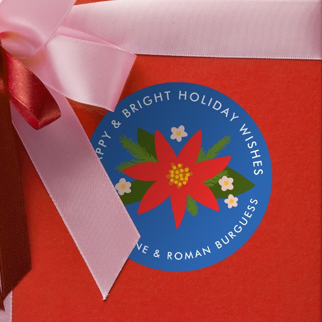 Etiqueta de presentes de Natal para Poinsettia Azu (bright blue modern poinsettia custom text  Christmas gift sticker)