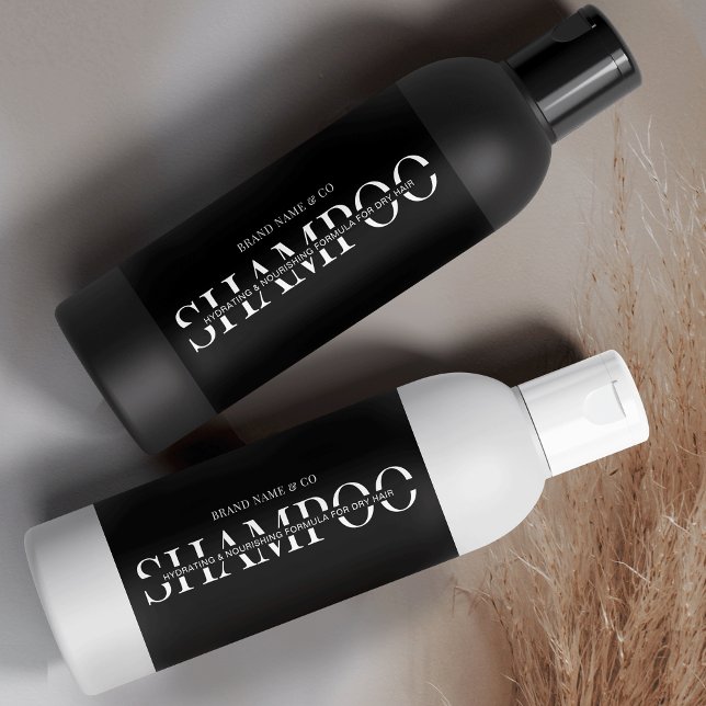 Etiqueta de produto do Chá de Shampoo preto minima (Stylish skincare packaging design featuring serif fonts, simple layout on black background)