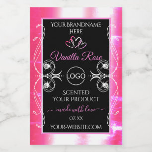 Etiqueta de produto rosa embaçada a preto com logo