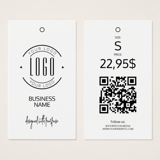 Etiqueta de roupa pendurada com código QR preto e  (Frente & Verso)