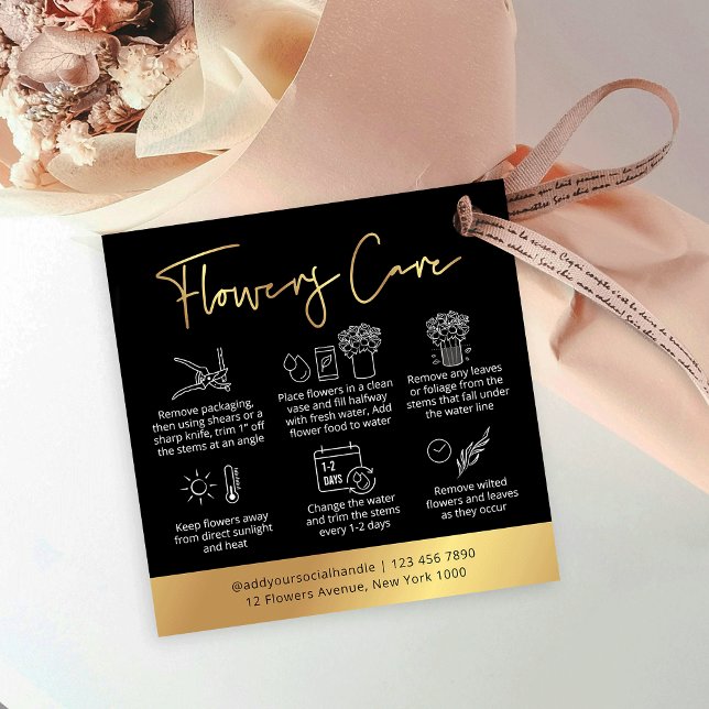 Etiqueta de travamento da guia de atendimento das  (Elegant black and gold flowers care instructions hang tag design with care icons and your logo)