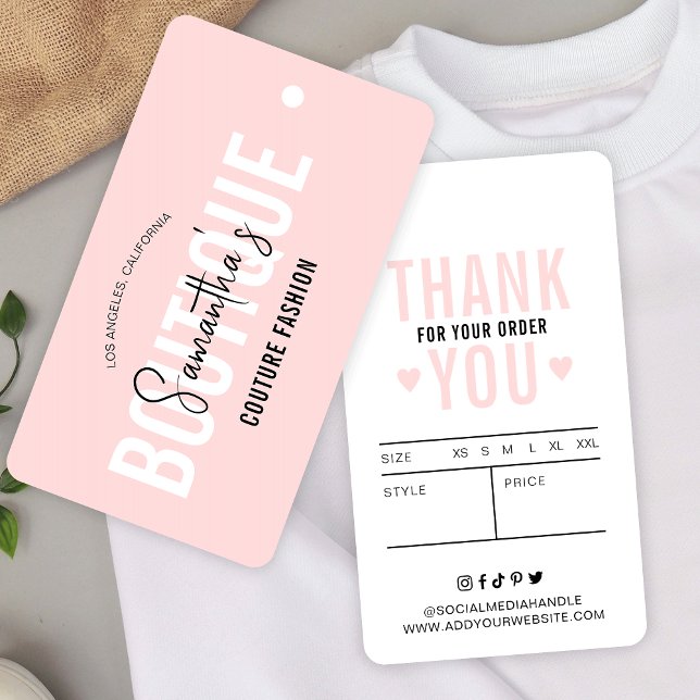 Etiqueta de Travamento de Preço Fixo do Vestuário  (Feminine pink aesthetic clothing price tags with sizing table and thank you note)