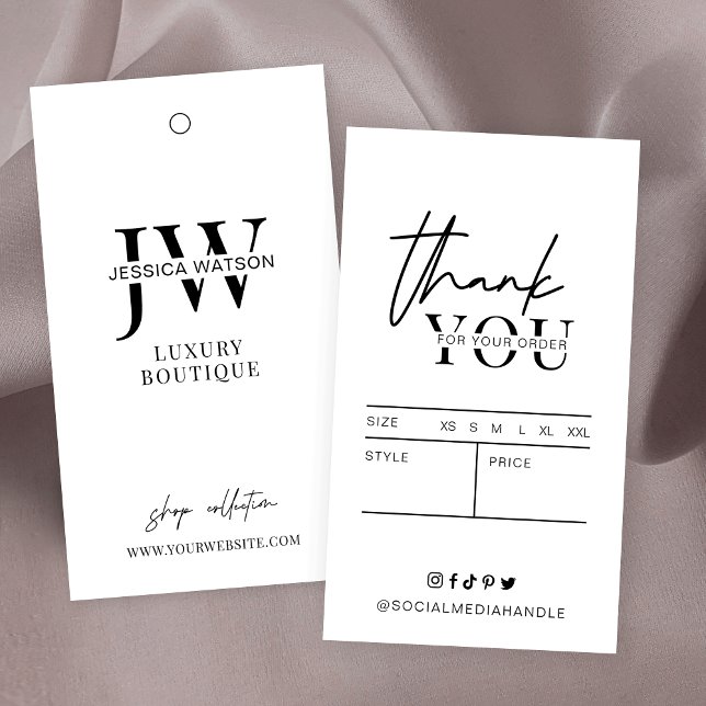 Etiqueta de travamento do logotipo com preço de ve (Fully editable clothing tag design with a thank you note and sizing chart on the back)