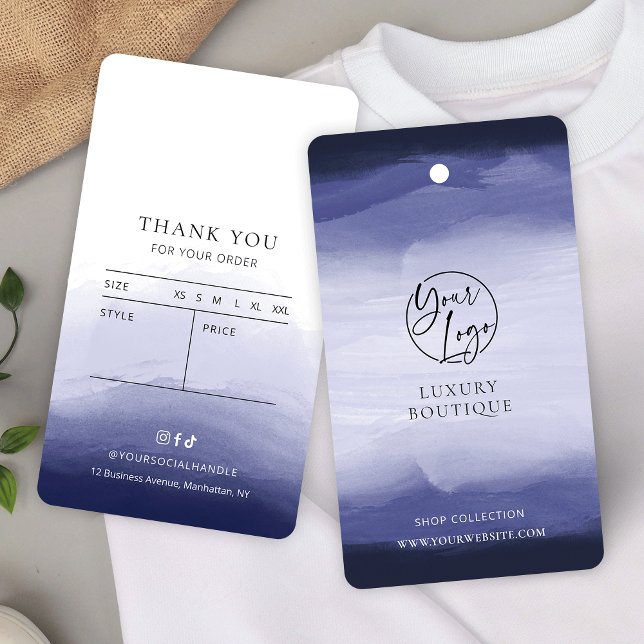 Etiqueta de travamento do marinho Azul Aquarela (Elegant navy blue watercolor clothing hang tags with size & price chart)