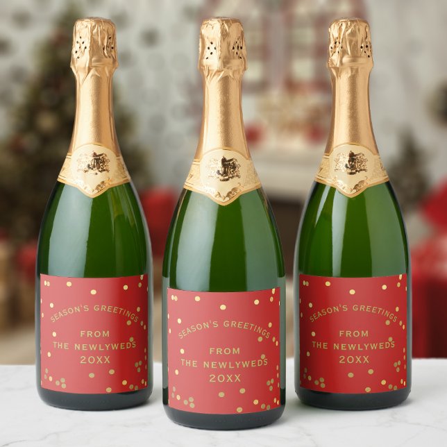 Etiqueta de Vinho das Saudações da Época de Confet (Red and gold confetti wine labels for your Season's Greetings. Just add your name)
