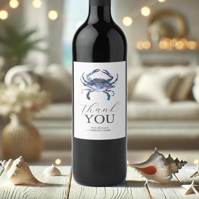Etiqueta De Vinho De Caranguejo Azul Obrigado (Wedding wine labels thank you with watercolor blue crab art by Victoria Grigaliunas DoTellABelle)