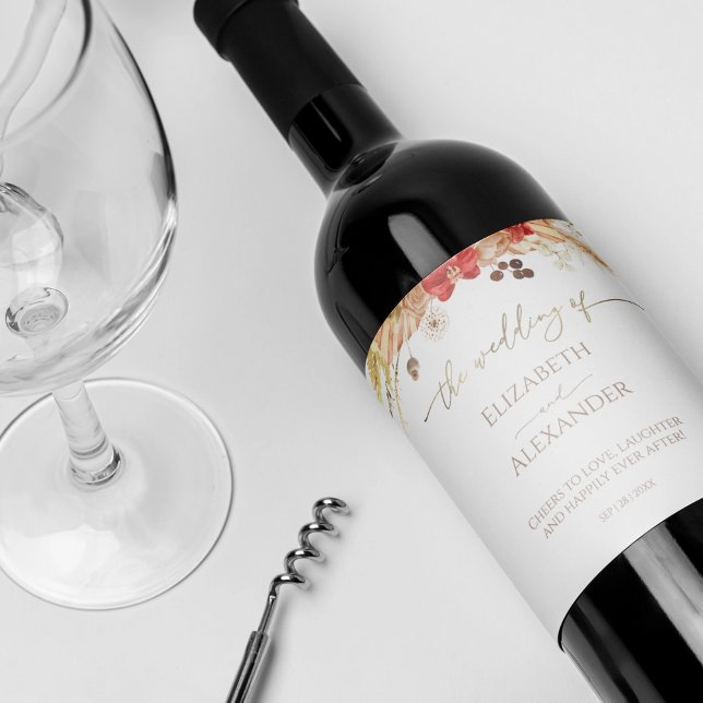 Etiqueta De Vinho De Casamento Floral Boho (Criador carregado)