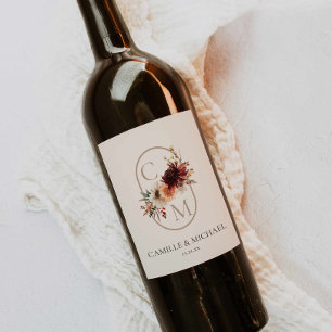 Etiqueta de Vinho de Casamento Floral Borgonha