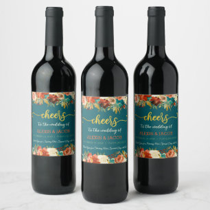 Etiqueta De Vinho De Casamento Floral Teal E Laran