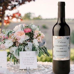 Etiqueta de Vinho Geométrico Floral Bege Azul Empo