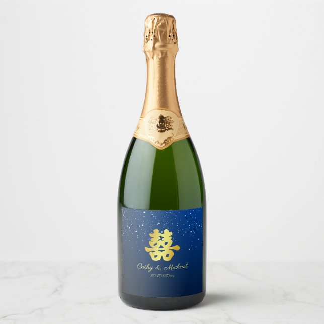 Etiqueta de vinho noite estrelada de casamento azu (Frente)