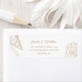 Etiqueta Decoração de Casamento Costeira com Conchas Dourad