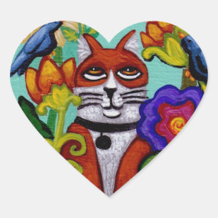 Etiqueta do coração do gato e dos quatro pássar
