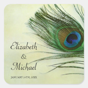 Etiqueta do favor do casamento da pena do pavão d