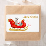 Etiqueta Dog Christmas Sleigh Gift Tag<br><div class="desc">Nestes bonito adesivos para etiquetas de presentes de Natal, um Cão Dalmático senta-se num bonito trenó decorativo vermelho e ouro. Ao lado do cão, os pacotes de presentes são amarrados com arcos coloridos. O texto dourado à direita diz "MERRY CHRISTMAS" e o texto personalizado está vermelho. Perfeito para os pacotes...</div>