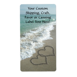Etiqueta Dois corações da areia na praia, oceano românti