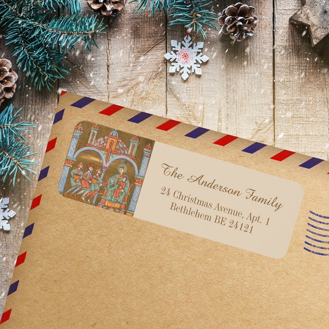 Etiqueta Dourada Elegibilidade Epiphany Natal Medieval (Gold Elegant Religious Epiphany Christmas Nativity Scene Medieval Holiday Return Address Label)