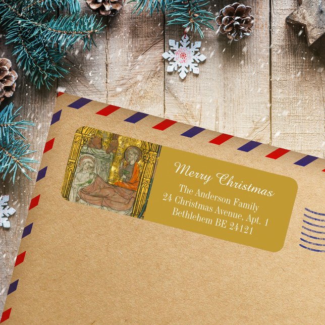 Etiqueta Dourada Natividade de Natal Feliz Cristão Medieval (Gold Medieval Manuscript Religious Christian Catholic Merry Christmas Nativity Scene Address Label)