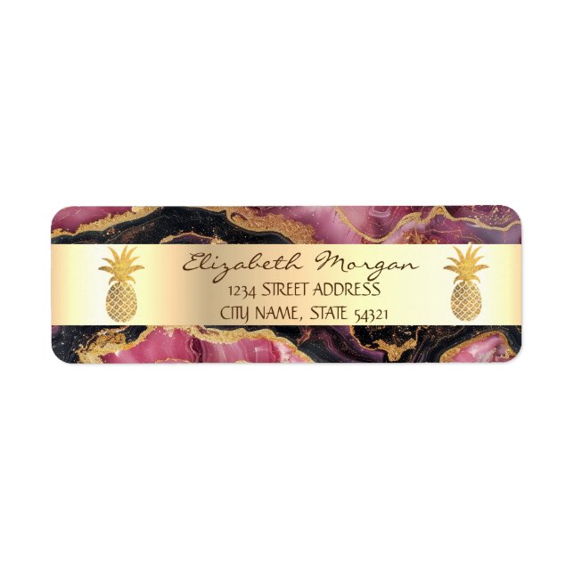 Etiqueta Dourada Trendy Burgundy Marble Stone do Abacaxi (Frente)