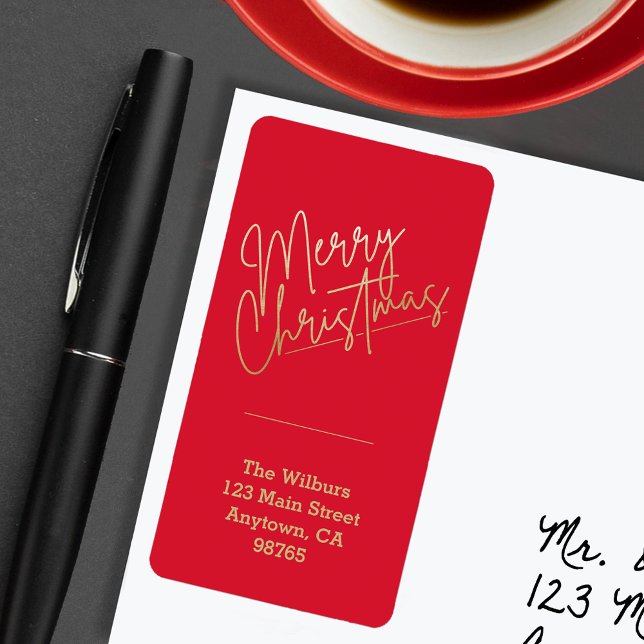 Etiqueta Dourado Feliz Natal no Red Christmas Address (Gold Merry Christmas on Red Return Address Labels)