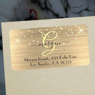 Etiqueta Dourado Glitter & Monograma, Endereço Nome Script