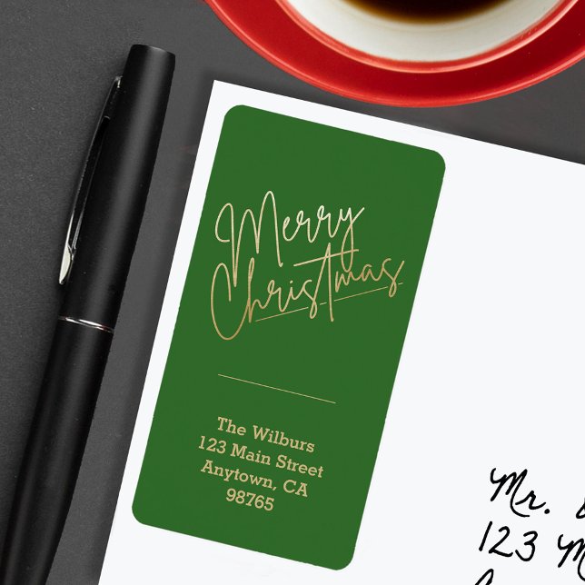 Etiqueta Dourado Natal de Natal de Natal" (Gold Merry Christmas on Green Return Address Labels)